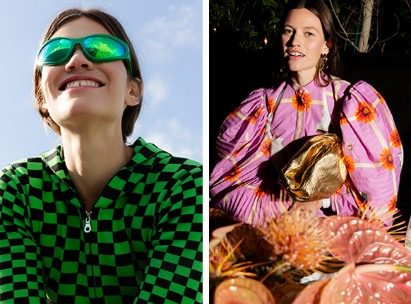 Photographs by Parker Woods. Model Elle Dawson in a Molly Goddard hoodie holding a tennis racket, looking at the sky with sunglasses on, smiling. Elle wearing Loewe top and pants and Bottega Veneta pouch bag. 