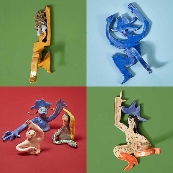 ceramic figurative sculptures by Alex Schmidt photographed on bright, colorful backgrounds and arranged in a grid of four. 