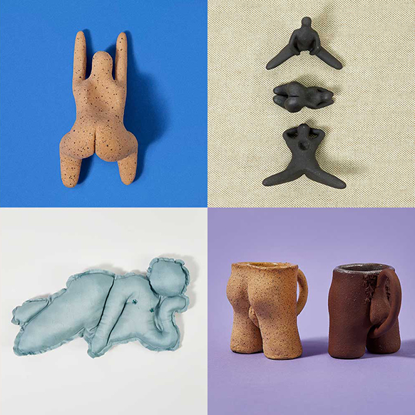 Figurative ceramic and fabric sculptures by Anjelica Alubowicz photographed on bright, colorful backgrounds and arranged in a grid of four.