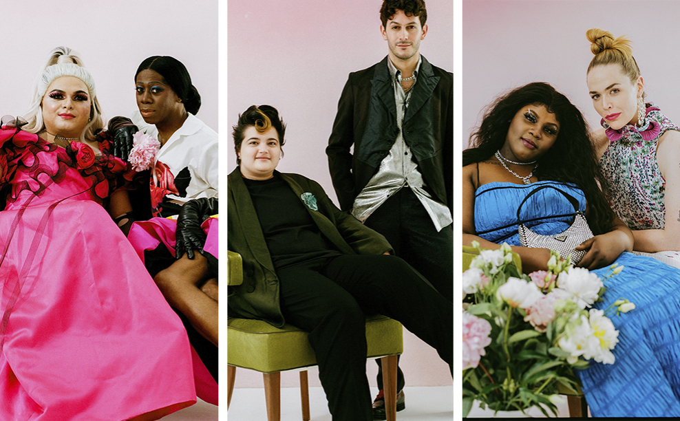 3 images collaged together. Photographs by Hunter Abrams. From left: Aniel Gonzalez in a pink gown with black trimmed ruffles and long, black gloves. Sits with Miss J Alexander wearing a rainbow striped full-length skirt by Christopher John Rogers, a white button down shirt with a red rose printed on the front, and long, black gloves. In the center, Lukas Petroski sits on a green velvet chair and wears an olive green suit jacket with a turquoise blue green fabric flower brooch on his lapel with a black t-shirt underneath. Alex Tudela stands to the right, wearing a black suit jacket and trousers with a silver, lame button down shirt, untucked. On the right, Taylor Collins Allen sits in a green velvet chair with a pink ombre background and flowers in front. Taylor wears a blue, ruched gown with black trim, a diamond necklace with a silver-tone lock pendant, and is holding a crystal-covered Prada nylon shoulder bag. Willie Norris sits with Taylor and wears pearl and diamond chandelier earrings, a sleeveless, ruffle-neck printed and magenta dress, an emerald and diamond ring, and diamond bracelets. All images were taken in front of a pink ombre background.